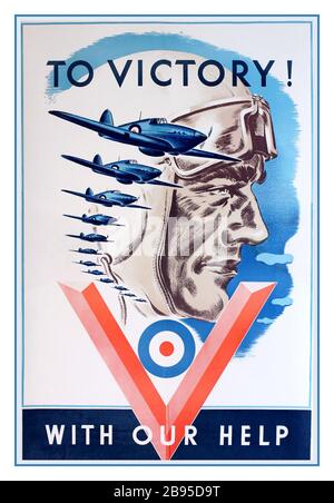 VINTAGE WW2 PROPAGANDA POSTER To Victory! Vintage Poster (artist: Taber) Canada c. 1941 With our UK help with supply of Hawker Hurricanes donated to Canada's War Effort...Printed by Massey-Harris for distribution in England c.1940s WW2 World War II Second World War Stock Photo