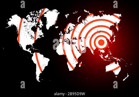 Coronavirus foci on world map, COVID-19 2019-nCoV virus spreading around planet, banner for breaking news about corona virus, background for medical Stock Vector