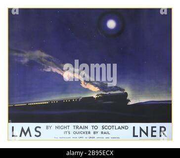 Vintage 1930s Flying Scotsman Rail Train Poster LMS LNER By Night Train to Scotland (The Flying Scotsman) Poster printed for LMS LNER by McCorquodale (Zec Philip 1900-1983) Travel poster of LMS Night Scot sleeper train from London to Scotland BY NIGHT TRAIN TO SCOTLAND (It's quicker by rail) London Midland & Scottish Railway & LNER, 1932. Stock Photo