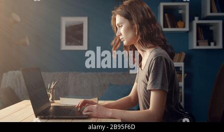 Serious woman using laptop Stock Photo