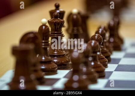 Chess pieces on the board ready for play Stock Photo