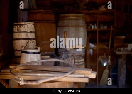 manufacture of wooden barrels in the factory Stock Photo