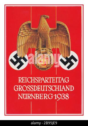 ARCHIVE VINTAGE NAZI Propaganda 1938. German Eagle Swastika emblems Propaganda Poster 1938 Nürnberg Reichsparteitag / Nuremberg Nazi Party Rally Germany Stock Photo