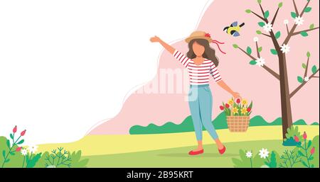 Woman with spring flowers in basket. Cute vector illustration in flat style. Stock Vector