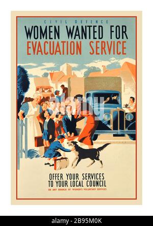 EVACUATION SERVICE Vintage 1940's WW2 World War Two poster: Civil Defence, 'Women wanted for Evacuation Service', offer your services to your local council or any branch of Women's Voluntary Services.  (WVS) Image of lady volunteers helping a group of evacuee children dressed in smart clothes and school uniforms carrying small suitcases as they arrive in a village, greeting them from the lorries with one lady offering tea to a female truck driver and a small child playing with a dog. Artwork by Jack Mathew. Stock Photo