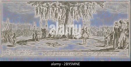 Le Pendaison (The Hanging), Jacques Callot (French, 1592-1635), 1633, etching on off-white laid paper, 3-1/4 x 7-3/8 in. (image) 3-5/8 x 7-1/2 in. (sheet), series, Les Grandes misères de la guerre (The Large Miseries of War), Reimagined by Gibon, design of warm cheerful glowing of brightness and light rays radiance. Classic art reinvented with a modern twist. Photography inspired by futurism, embracing dynamic energy of modern technology, movement, speed and revolutionize culture. Stock Photo