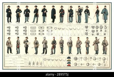 AMERICAN CIVIL WAR UNIFORMS UNIFORM 1860s American Civil War Soldiers Vintage USA Lithograph colour Illustration of military uniforms worn by all Union and Confederate officers and soldiers during the American Civil War 1861-1865 War of the Rebellion Stock Photo