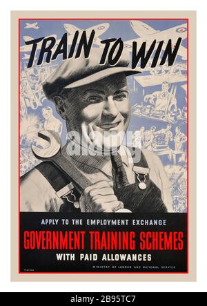 Vintage War Production Training UK World War Two poster: Train to Win - Apply to the Employment Exchange, Government Training Schemes with paid allowances - Ministry of Labour and National Service. Smiling worker wearing a flat cap and holding a spanner with planes and men working with industrial machines and on technical drawings in the background. Black and white sketch style on a blue and white background. 1940. Printed by J Weiner Ltd, 71/5 New Oxford Street, London WC1 for Her Majesty's Stationery Office. . Country: UK, 1940, Stock Photo