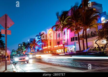 Miami Beach, colorful Art Deco District at night Miami Florida April 2018 Stock Photo