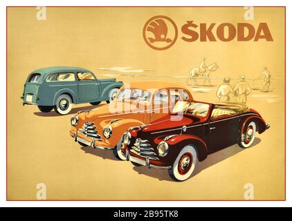 SKODA Vintage 1950s car motorcar poster advertising Skoda featuring three car models lined up - a convertible, saloon and station wagon with a horse rider and spectators in the background. Skoda Auto is a Czech car manufacturer founded in 1895 and is one of the five oldest car producing companies in the world with an unbroken history (the company opened as Laurin & Klement, in operation from 1895-1925 when it was acquired by Skoda Works, in operation from 1925-2000 when it was acquired by the Volkswagen Group). Printed by Neubert, Paha. Czechoslovakia,  c 1950s, Stock Photo