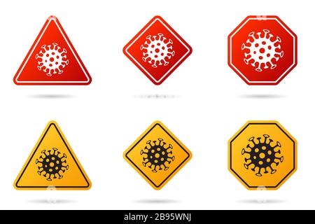 Set of Coronavirus road sign. Corona virus Bacteria Cell Icon, 2019-nCoV in caution traffic signs. Warning symbol of COVID-19, MERS-Cov, Novel coronav Stock Vector