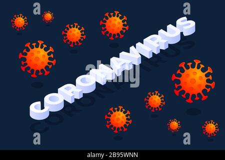 Coronavirus text in Isometric style banner. Corona virus written in typography poster design. Pandemic, medical, healthcare, infectious, virology, epi Stock Vector