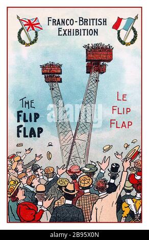 Vintage Poster Card for 1908 Franco-British Exhibition with Edwardian white knuckle rides like 'The Flip Flap' part of a large public fair held in London between 14 May and 31 October 1908. The exhibition attracted 8 million visitors and celebrated the Entente Cordiale signed in 1904 by the United Kingdom and France Stock Photo