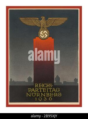 Vintage Nazi Propaganda 1936 Reichs Parteitag Nurnberg German Eagle with Nazi Swastika on red plinth Nurnberg Nazi Germany Stock Photo