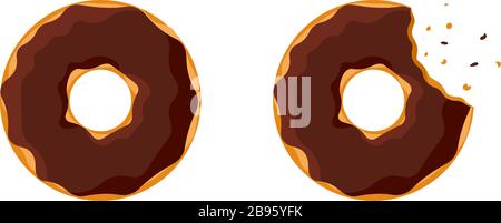 Cartoon colorful tasty donut whole and bitten set isolated on white background. Chocolate glazed doughnut top view for cake cafe decoration or menu design. Vector flat eps illustration Stock Vector