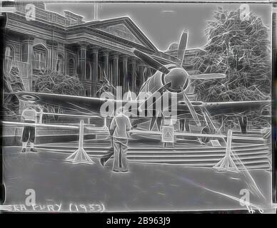 Glass Negative - Sea Fury Military Bomber Aircraft, Jubilee of Flight Exhibition, Museum of Applied Science (Science Museum), Melbourne, 1953, Photograph close-up of the Royal Australian Navy's Sea Fury Military Bomber Aircraft outside the Museum of Applied Science, Swanston Street, 1953. The Sea Fury was loaned to the Museum for display during the Jubilee of Flight Exhibition. The exhibition commemorated the first fifty years of aviation and was open from 10 Dec 1953 until Feb 1954., Reimagined by Gibon, design of warm cheerful glowing of brightness and light rays radiance. Classic art reinve Stock Photo