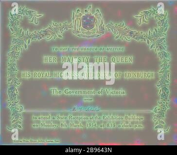 Invitation - State Reception, Queen Elizabeth II & The Duke of Edinburgh, Melbourne, 8 Mar 1954, Invitation issued to Mr G Scholes to attend an evening State Reception for HM Queen Elizabeth II and HRH the Duke of Edinburgh at the Exhibition Buildings on Monday 8 March 1954. Princess Elizabeth was en route to Australia in 1952 when she heard news that her father, King George VI, had died. Her trip was curtailed, but when she made it to Australia two years later she was now Queen Elizabeth, Reimagined by Gibon, design of warm cheerful glowing of brightness and light rays radiance. Classic art r Stock Photo