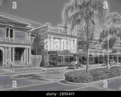 Negative, Shop Exterior Kodak Branch, Townsville, QLD, 1930s, Black and white film negative of the Kodak Australasia Pty Ltd branch store and same day processing laboratory on Flinders St, Townsville, Queensland, in the 1930s. This street view shows neighbouring shops, a vegetated traffic island, and cars and bicycle parked on the street out front. A man is walking out the front of the Queensland National bank to the left of the shot. This Kodak store was, Reimagined by Gibon, design of warm cheerful glowing of brightness and light rays radiance. Classic art reinvented with a modern twist. Pho Stock Photo