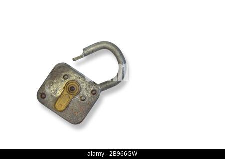 rusty old padlock , close up, isolated on white background Stock Photo