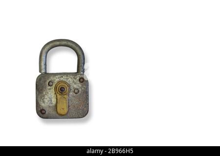 rusty old padlock, close up, isolated on white background Stock Photo