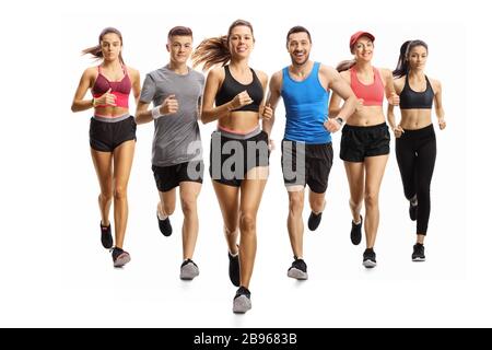 Young male and female runners running towards camera isolated on white background Stock Photo