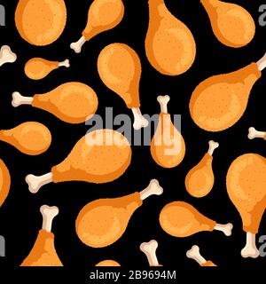 Fried crispy chicken legs seamless pattern on black background. Cartoon fast food drumsticks cooking texture flat vector illustration Stock Vector