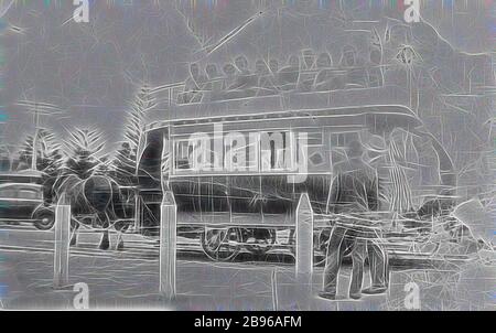 Negative - Two Men With Horse Drawn Tram, Victor Harbor, South Australia, 1945, A horse-drawn tram. Two men stand in the foreground and there is a car in the background., Reimagined by Gibon, design of warm cheerful glowing of brightness and light rays radiance. Classic art reinvented with a modern twist. Photography inspired by futurism, embracing dynamic energy of modern technology, movement, speed and revolutionize culture. Stock Photo