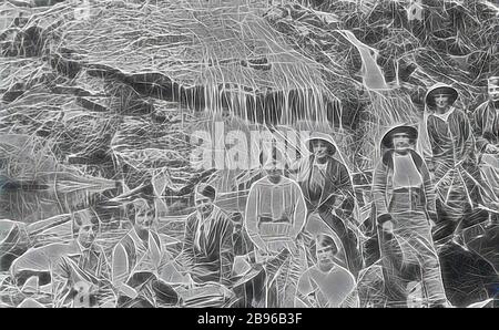 Negative - Group of Women at Lal Lal Falls, Moorabool River, Victoria, circa 1905, A group of women at the Lal Lal Falls., Reimagined by Gibon, design of warm cheerful glowing of brightness and light rays radiance. Classic art reinvented with a modern twist. Photography inspired by futurism, embracing dynamic energy of modern technology, movement, speed and revolutionize culture. Stock Photo