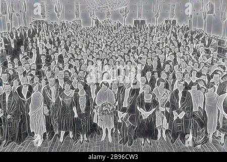 Negative - Coburg, Victoria, pre 1930, Group photograph at a mayoral ball. The mayor and councillors are in the front row., Reimagined by Gibon, design of warm cheerful glowing of brightness and light rays radiance. Classic art reinvented with a modern twist. Photography inspired by futurism, embracing dynamic energy of modern technology, movement, speed and revolutionize culture. Stock Photo