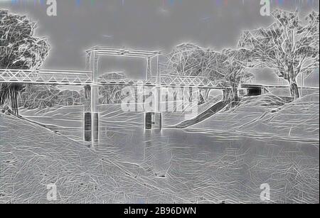 Negative - Wilcannia, New South Wales, 1935, A drawbridge on the Darling River., Reimagined by Gibon, design of warm cheerful glowing of brightness and light rays radiance. Classic art reinvented with a modern twist. Photography inspired by futurism, embracing dynamic energy of modern technology, movement, speed and revolutionize culture. Stock Photo