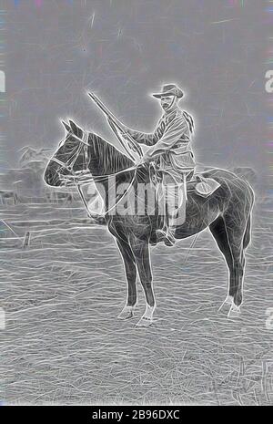 Negative - Broadmeadows, Victoria (?), pre 1920, Mounted soldier with gun., Reimagined by Gibon, design of warm cheerful glowing of brightness and light rays radiance. Classic art reinvented with a modern twist. Photography inspired by futurism, embracing dynamic energy of modern technology, movement, speed and revolutionize culture. Stock Photo