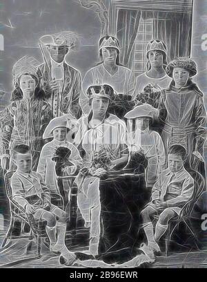 Negative - Victoria, pre 1930, A group, largely in fancy dress (the two small boys in the front are wearing street clothes). The woman in the centre is dressed as a queen with a crown, robe and sceptre., Reimagined by Gibon, design of warm cheerful glowing of brightness and light rays radiance. Classic art reinvented with a modern twist. Photography inspired by futurism, embracing dynamic energy of modern technology, movement, speed and revolutionize culture. Stock Photo