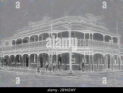 Negative - Casterton, Victoria, pre 1930, A group of men outside the Glenelg Hotel., Reimagined by Gibon, design of warm cheerful glowing of brightness and light rays radiance. Classic art reinvented with a modern twist. Photography inspired by futurism, embracing dynamic energy of modern technology, movement, speed and revolutionize culture. Stock Photo