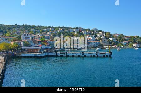 The ferry station on Burgazada, one of the Princes' Islands, also known as Adalar, in the Sea of Marmara off the coast of Istanbul, Turkey Stock Photo