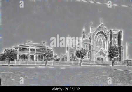 Negative - West Melbourne, Victoria, 1900, St Marys Star of the Sea Church. The manse is on the left., Reimagined by Gibon, design of warm cheerful glowing of brightness and light rays radiance. Classic art reinvented with a modern twist. Photography inspired by futurism, embracing dynamic energy of modern technology, movement, speed and revolutionize culture. Stock Photo