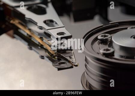 Closeup of an open computer hard drive. Stock Photo