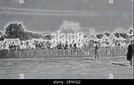 Negative - Albury, New South Wales, 1919, Men and women behind a fence at a quarantine camp., Reimagined by Gibon, design of warm cheerful glowing of brightness and light rays radiance. Classic art reinvented with a modern twist. Photography inspired by futurism, embracing dynamic energy of modern technology, movement, speed and revolutionize culture. Stock Photo