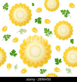 Corn cob, isolated on white background. Ripe corn with parsley leaves. Vector illustration. Seamless pattern. Stock Vector