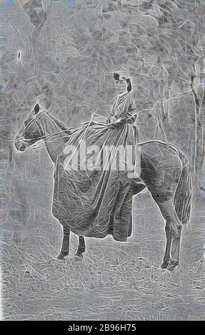 Negative - Woman Riding Sidesaddle, Wangaratta, Victoria, 1865, A woman riding a horse sidesaddle. She is wearing a very long riding habit., Reimagined by Gibon, design of warm cheerful glowing of brightness and light rays radiance. Classic art reinvented with a modern twist. Photography inspired by futurism, embracing dynamic energy of modern technology, movement, speed and revolutionize culture. Stock Photo