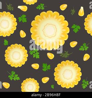 Corn cob, isolated on dark background. Ripe corn with parsley leaves. Vector illustration. Seamless pattern. Stock Vector