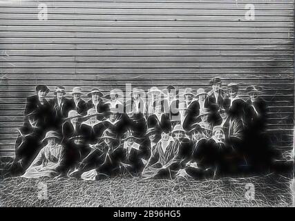 Negative - North Melbourne, Victoria, circa 1915, A group of female South Melbourne supporters at the North Melbourne Football Ground., Reimagined by Gibon, design of warm cheerful glowing of brightness and light rays radiance. Classic art reinvented with a modern twist. Photography inspired by futurism, embracing dynamic energy of modern technology, movement, speed and revolutionize culture. Stock Photo