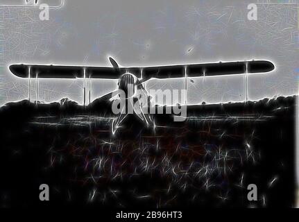 Negative - Albury, New South Wales, circa 1922, An Avro aeroplane used by Bert Hinkler., Reimagined by Gibon, design of warm cheerful glowing of brightness and light rays radiance. Classic art reinvented with a modern twist. Photography inspired by futurism, embracing dynamic energy of modern technology, movement, speed and revolutionize culture. Stock Photo