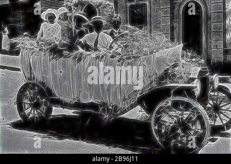 Negative - Castlemaine, Victoria, circa 1920, A model T Ford car decorated for a parade., Reimagined by Gibon, design of warm cheerful glowing of brightness and light rays radiance. Classic art reinvented with a modern twist. Photography inspired by futurism, embracing dynamic energy of modern technology, movement, speed and revolutionize culture. Stock Photo
