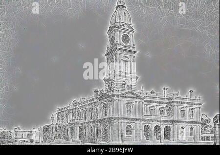 Negative - North Melbourne, Victoria, circa 1885, The Hotham (North Melbourne) Town Hall., Reimagined by Gibon, design of warm cheerful glowing of brightness and light rays radiance. Classic art reinvented with a modern twist. Photography inspired by futurism, embracing dynamic energy of modern technology, movement, speed and revolutionize culture. Stock Photo