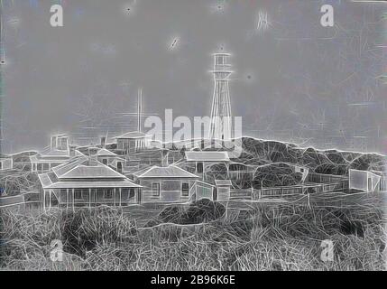 Negative - Currie, King Island, Tasmania, circa 1915, The Currie Lighthouse and a number of buildings., Reimagined by Gibon, design of warm cheerful glowing of brightness and light rays radiance. Classic art reinvented with a modern twist. Photography inspired by futurism, embracing dynamic energy of modern technology, movement, speed and revolutionize culture. Stock Photo