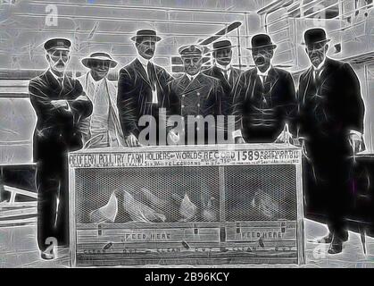 Negative - Redfern Poultry Farm Exhibit, Roseworthy Competition, Victoria, 1912, A group of men on shipboard with a crate containing six white Leghorns. Crate is labelled 'REDFERN POULTRY FARM. HOLDERS OF WORLD'S RECORD 1589, ROSEWORTHY COMPETITION / CAULFIELD VICTORIA AUSTRALIA.'., Reimagined by Gibon, design of warm cheerful glowing of brightness and light rays radiance. Classic art reinvented with a modern twist. Photography inspired by futurism, embracing dynamic energy of modern technology, movement, speed and revolutionize culture. Stock Photo