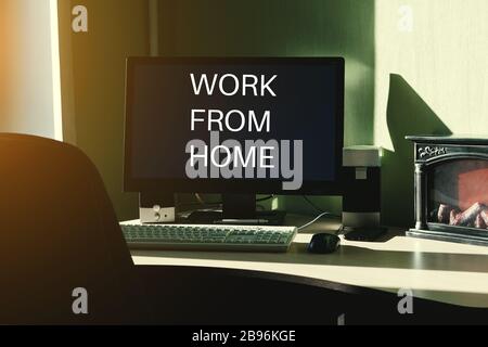 Home office workplace. Text Work from office. Freelance, work at home or quarantine concept. Stock Photo