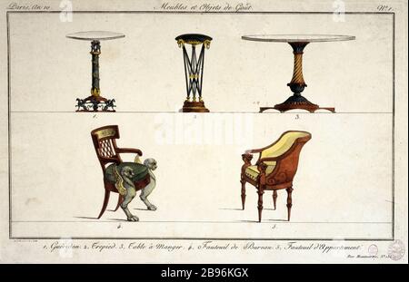 FURNITURE AND OBJECTS OF TASTE NUMBER 1 - GUERIDON, Tripod, DINING TABLE, OFFICE CHAIR, CHAIR OF APARTMENT. PARIS, AN 10 Pierre Joseph Antoine Leboux de La Mésangère (1761-1831). 'Meubles et objets de goût numéro 1 - guéridon, trépied, table à manger, fauteuil de bureau, fauteuil d'appartement, Paris, An 10'. Estampe. Paris, musée Carnavalet. Stock Photo