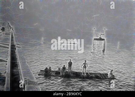 Negative - Wallaroo, South Australia, 1939, The enclosed swimming area at Wallaroo. The jetty at the deep sea port is on the left. A number of swimmers are on a pontoon in the foreground., Reimagined by Gibon, design of warm cheerful glowing of brightness and light rays radiance. Classic art reinvented with a modern twist. Photography inspired by futurism, embracing dynamic energy of modern technology, movement, speed and revolutionize culture. Stock Photo