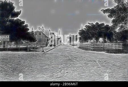 Negative - Manly, New South Wales, circa 1880, A street in Manly with the entrance to the Ivanhoe park hotel on the left There is a gaslight on the left., Reimagined by Gibon, design of warm cheerful glowing of brightness and light rays radiance. Classic art reinvented with a modern twist. Photography inspired by futurism, embracing dynamic energy of modern technology, movement, speed and revolutionize culture. Stock Photo